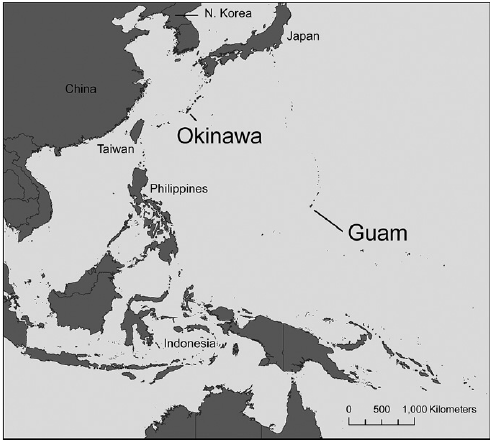 Location of Guam and Okinawa