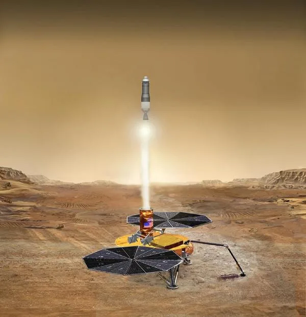   Artist's concept showing the Mars Sample Return lander and its return capsule. Image courtesy NASA Science Mission Directorate/Planetary Science Division