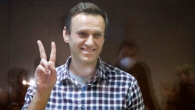 Russian opposition leader Alexei Navalny in the Babuskinsky District Court in Moscow, Russia on 20 Feb. Pic: AP