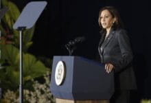 U.S. Vice President Kamala Harris delivers a speech at Gardens by the Bay in Singapore before departing for Vietnam on the second leg of her Southeast Asia trip, Tuesday, Aug. 24, 2021. (Evelyn Hockstein/Pool Photo via AP)