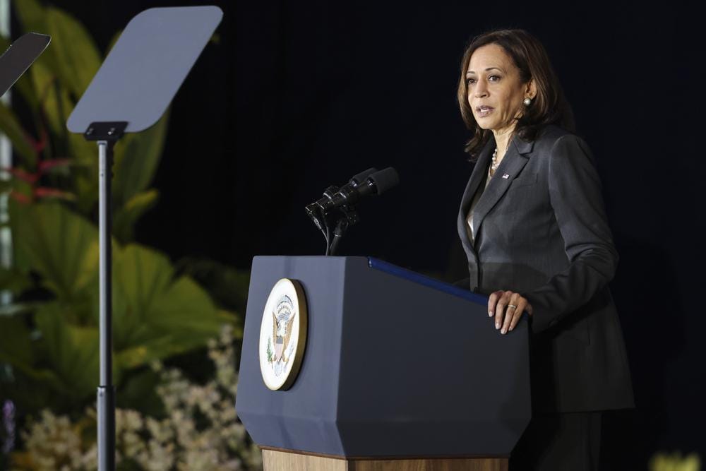 U.S. Vice President Kamala Harris delivers a speech at Gardens by the Bay in Singapore before departing for Vietnam on the second leg of her Southeast Asia trip, Tuesday, Aug. 24, 2021. (Evelyn Hockstein/Pool Photo via AP)