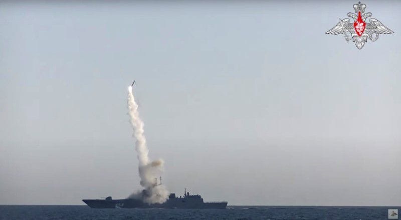 A Tsirkon (Zircon) hypersonic cruise missile is fired from the guided missile frigate Admiral Gorshkov in the White Sea in this still image taken from video released July 19, 2019. Russian Defence Ministry/Handout via REUTERS
