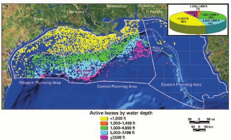 إدارة جو بايدن تقول : إستخراج النفط والغاز من خليج المكسيك لا تؤثر على المناخ :) 7 Map of the Gulf of Mexico showing active leases by water depth in 2007 Cour tesy of the