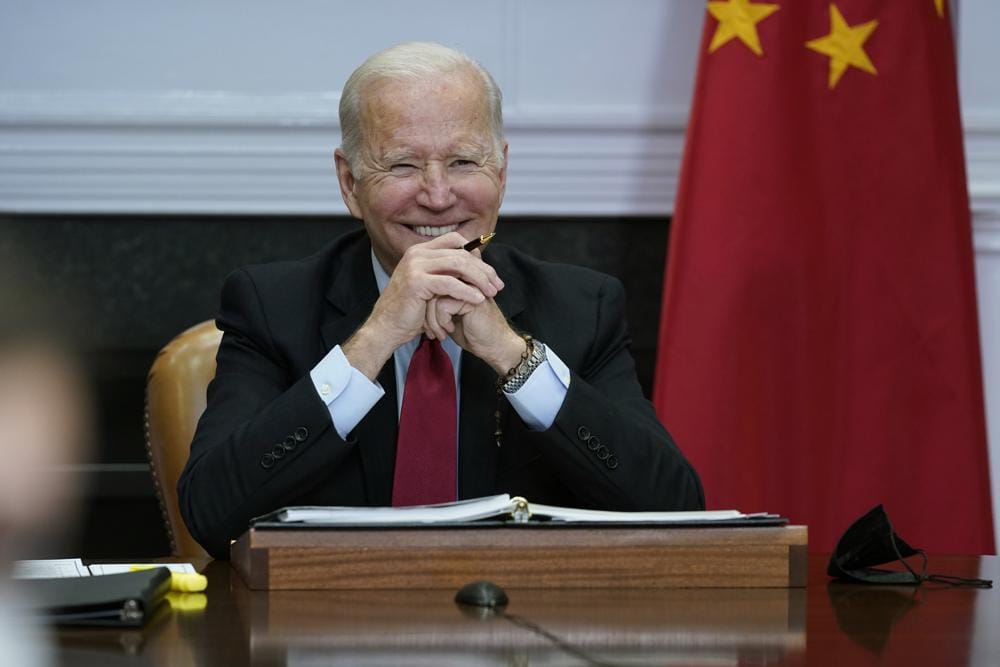 President Joe Biden meets virtually with Chinese President Xi Jinping from the Roosevelt Room of the White House in Washington Monday Nov. 15 2021. AP Photo Susan Walsh