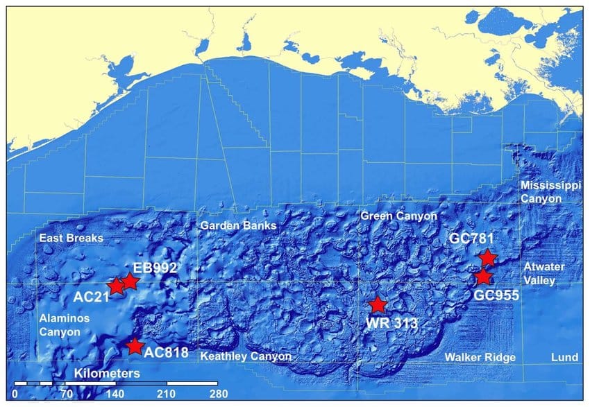 إدارة جو بايدن تقول : إستخراج النفط والغاز من خليج المكسيك لا تؤثر على المناخ :) 6 Seafloor map of the Gulf of Mexico depicting the location of JIP Leg II drill sites