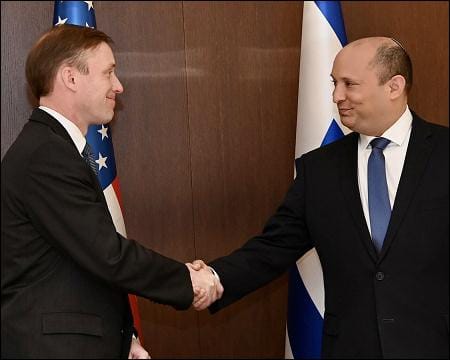Israel’s Prime Minister Naftali Bennett (R) meets with US National Security Adviser Jake Sullivan in Jerusalem, Israel on December 22, 2021. Photo: US Embassy Jerusalem