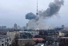 March 1, 2022 shows the smoke after a missile attack targeting the Ukrainian capital’s television centre in Kyiv
