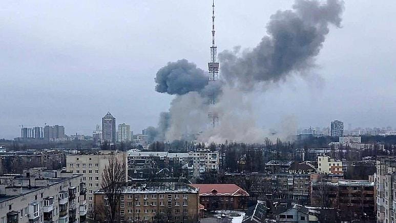 March 1, 2022 shows the smoke after a missile attack targeting the Ukrainian capital’s television centre in Kyiv