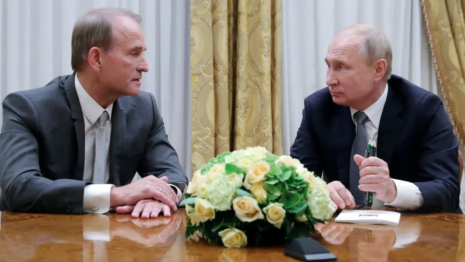 Russia’s President Vladimir Putin (R) attends a meeting with leader of Ukraine’s Opposition Platform - For Life party Viktor Medvedchuk in Saint Petersburg, Russia July 18, 2019. Mikhail Klimentyev | Sputnik | Reuters