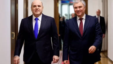 Russia's Prime Minister Mikhail Mishustin + Vyacheslav Volodin, April 7, 2022. Sputnik Dmitry Astakhov REUTERS