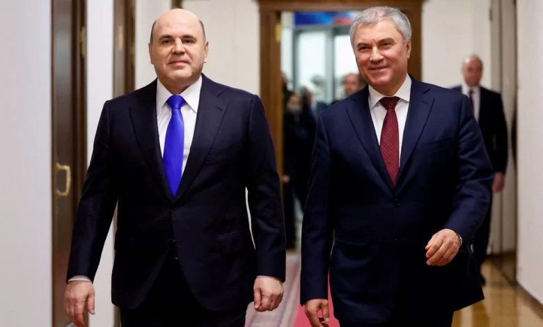 Russia's Prime Minister Mikhail Mishustin + Vyacheslav Volodin, April 7, 2022. Sputnik Dmitry Astakhov REUTERS