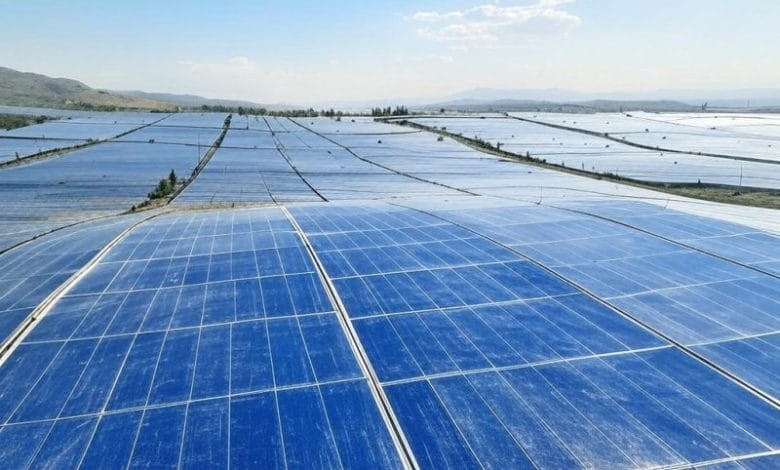 Solar panels in green field