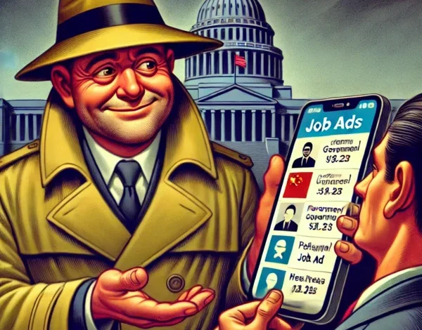 A political caricature depicting a Chinese agent in a trench coat and hat, slyly offering a smartphone displaying job ads to a former U.S. government